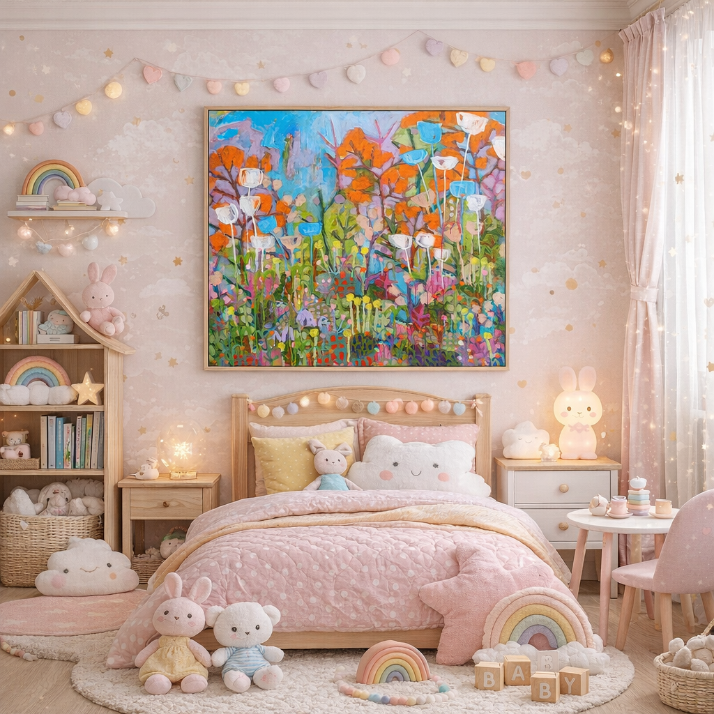 Children's room interior featuring colorful abstract art by Simona Vojteskova, demonstrating how to choose wall art for kids' spaces from nursery to teenage years