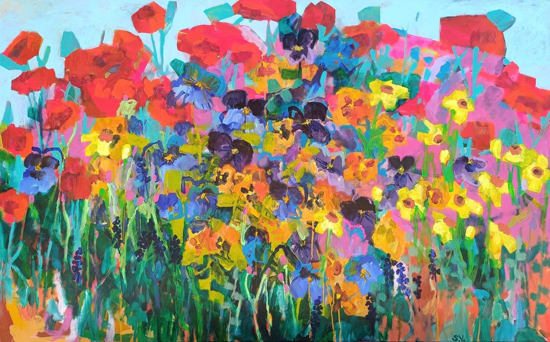 Abstract floral painting in soft pastel colors creating calming atmosphere in modern interior