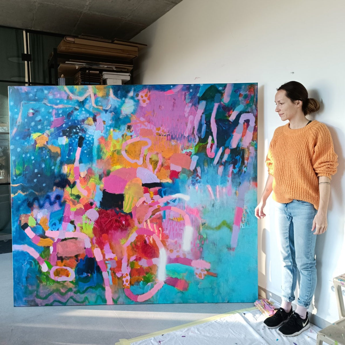 Large abstract painting Sea Lights by Simona Vojtěšková, 170x190 cm, featuring organic blue and turquoise shapes reminiscent of underwater landscape