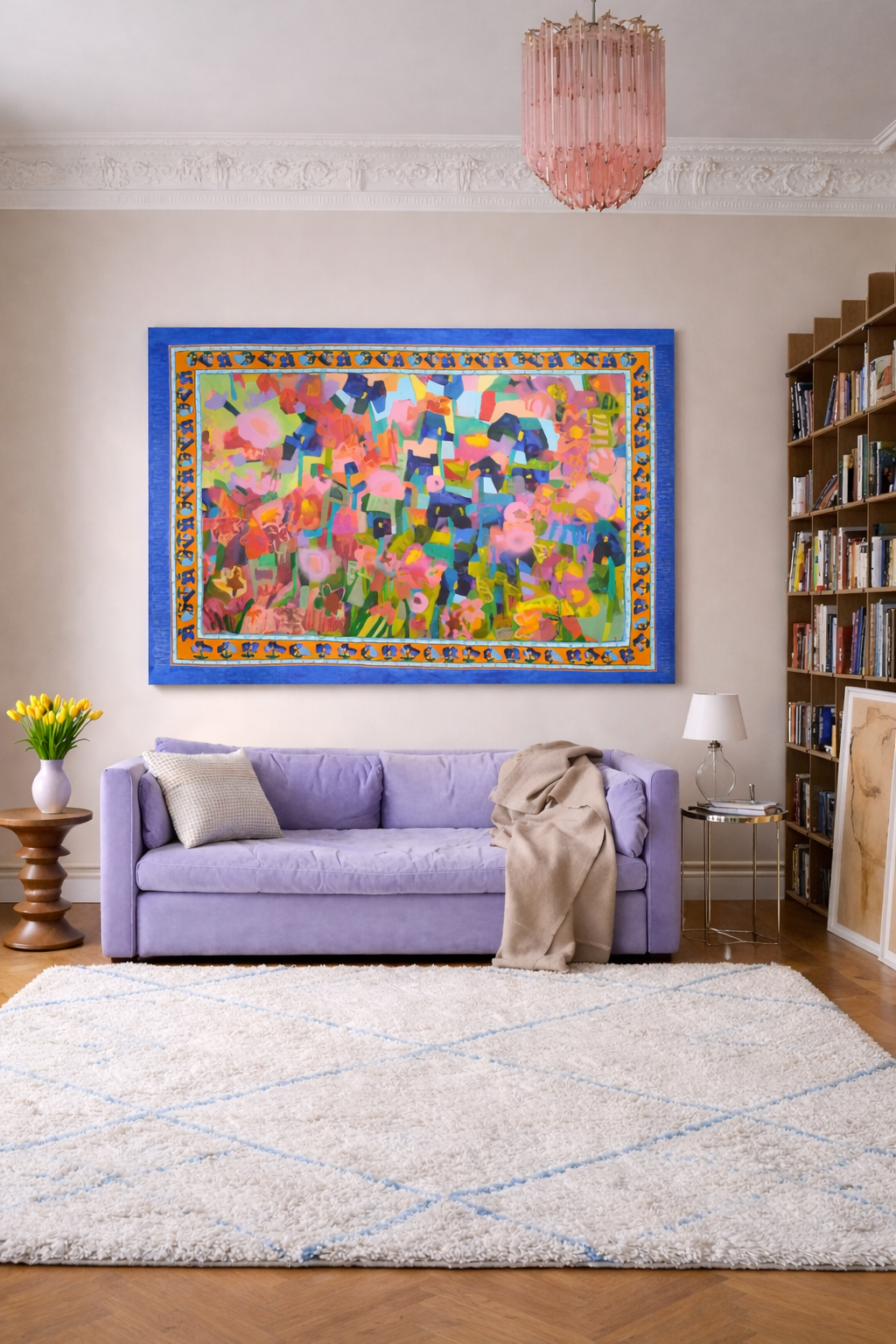 Large abstract floral painting Iris Meadow Rug 140x200 cm hanging in modern living room interior