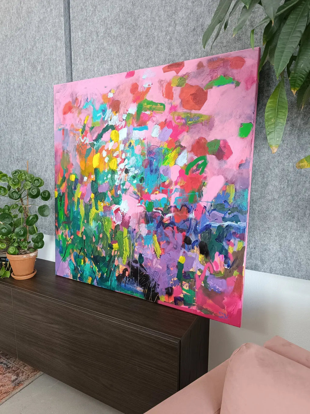 Abstract floral painting with pink flowers