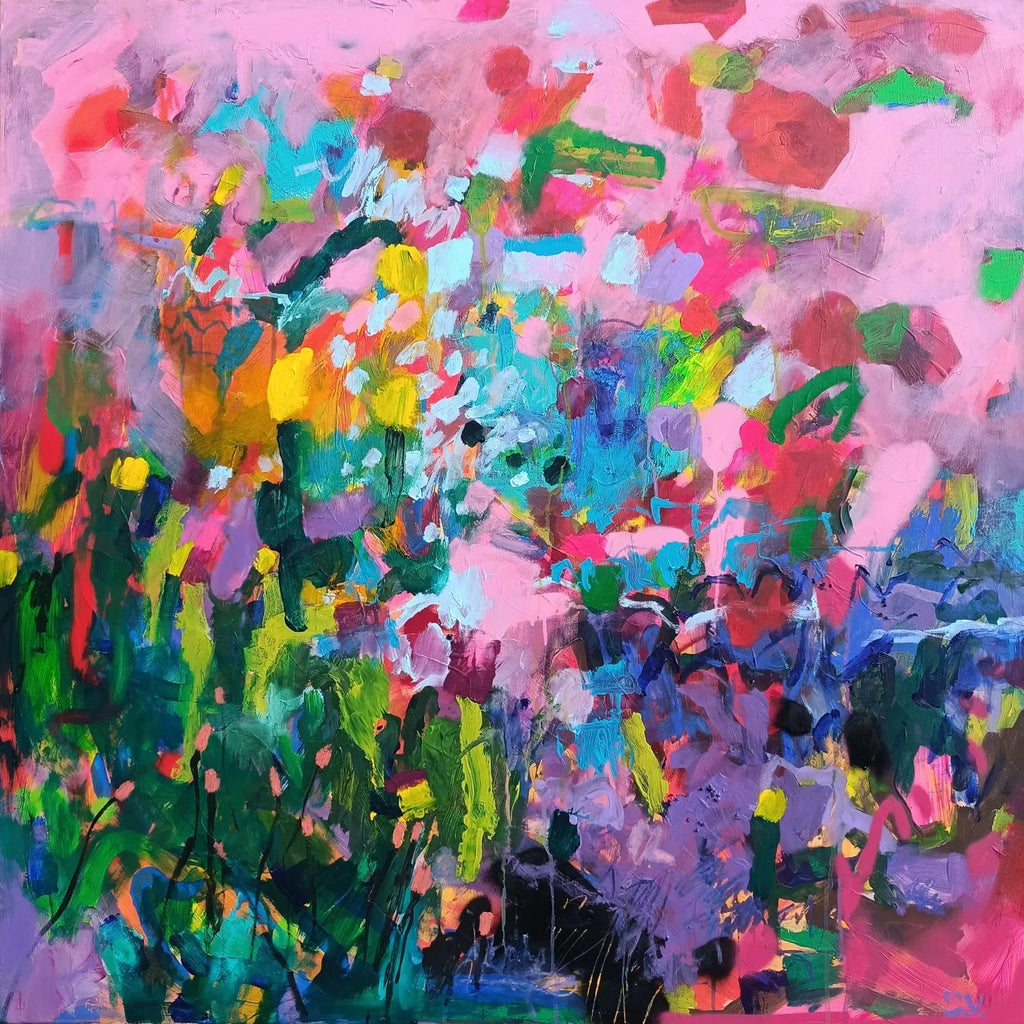 Abstract floral painting with pink sky