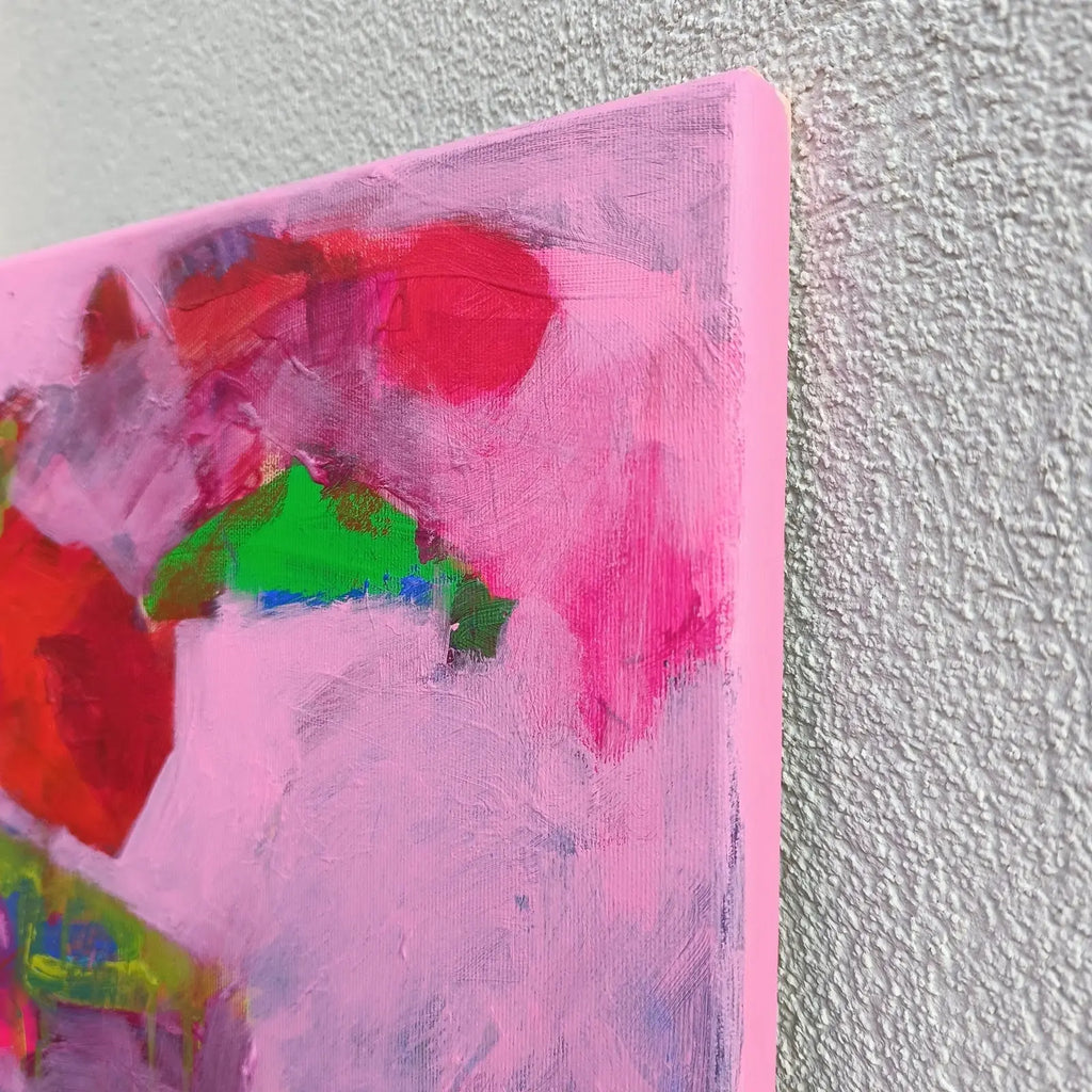 Detail of abstract floral painting with expressive marks and rich surface texture
