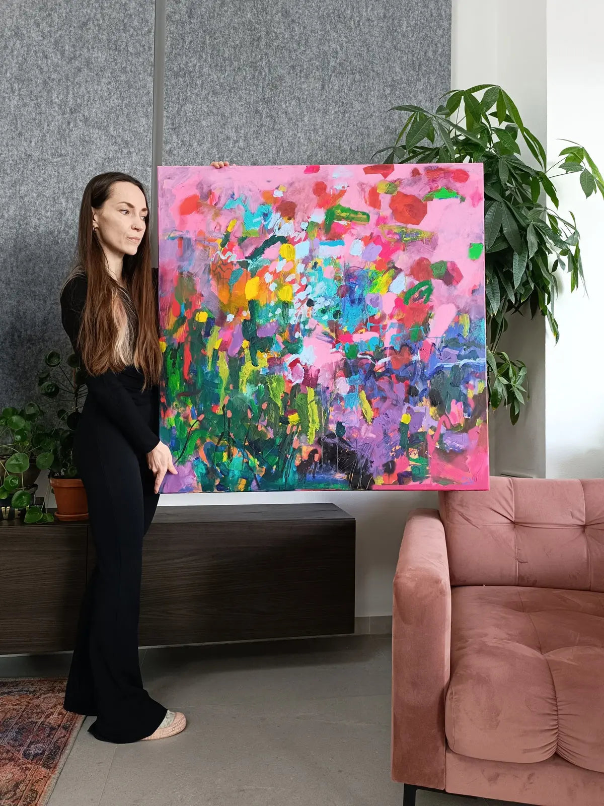 Abstract floral painting with pink flowers