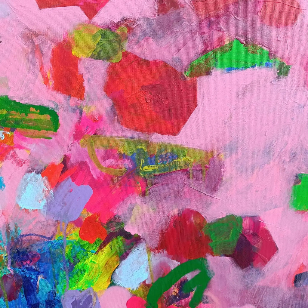 Abstract floral painting with pink flowers