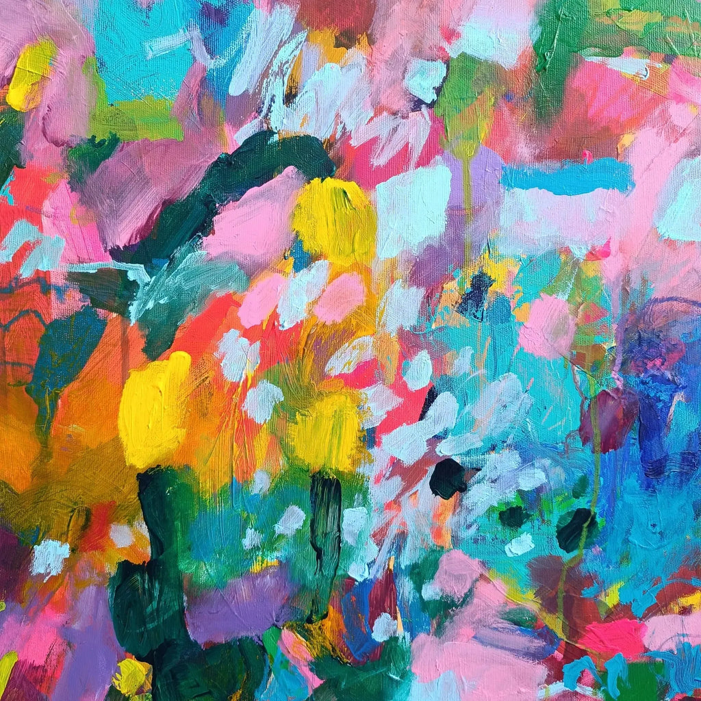 Abstract floral painting with pink flowers