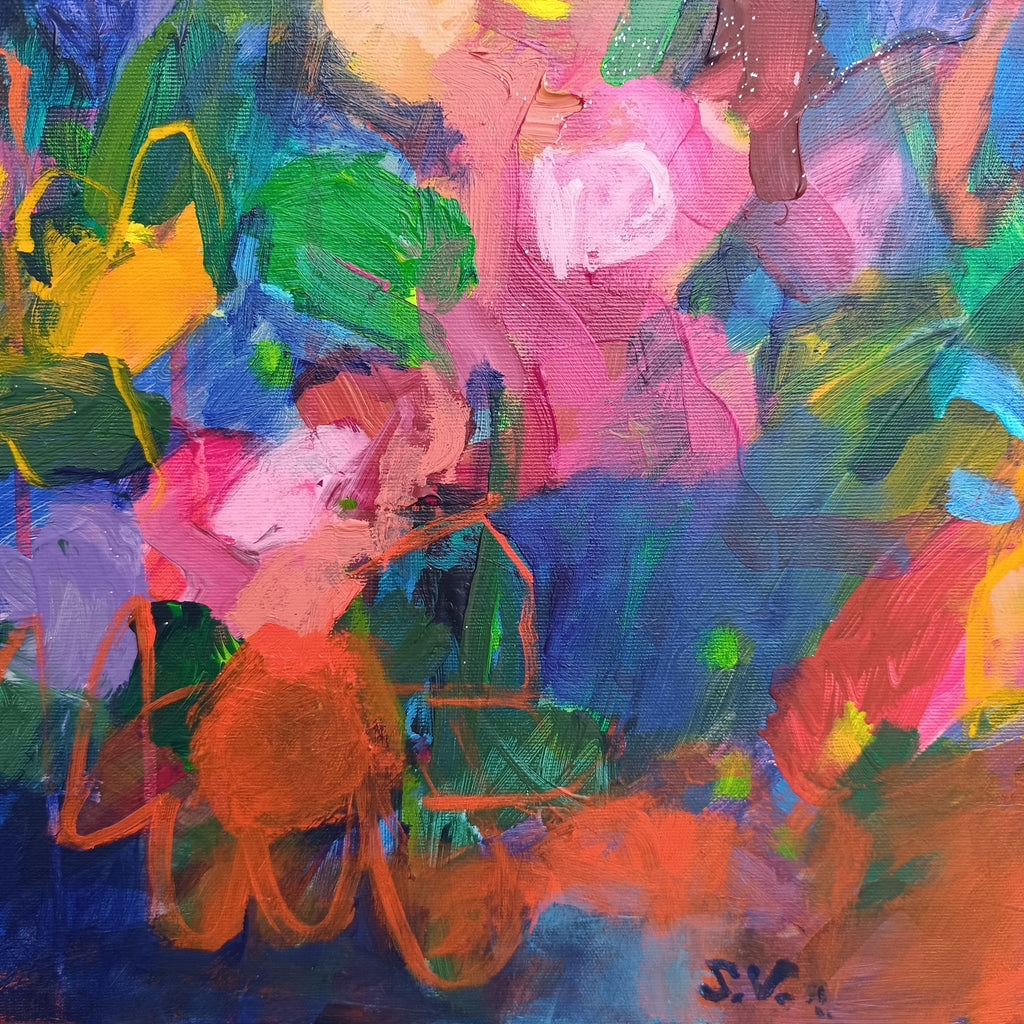Close-up view of abstract floral artwork showing nuanced color palette and texture