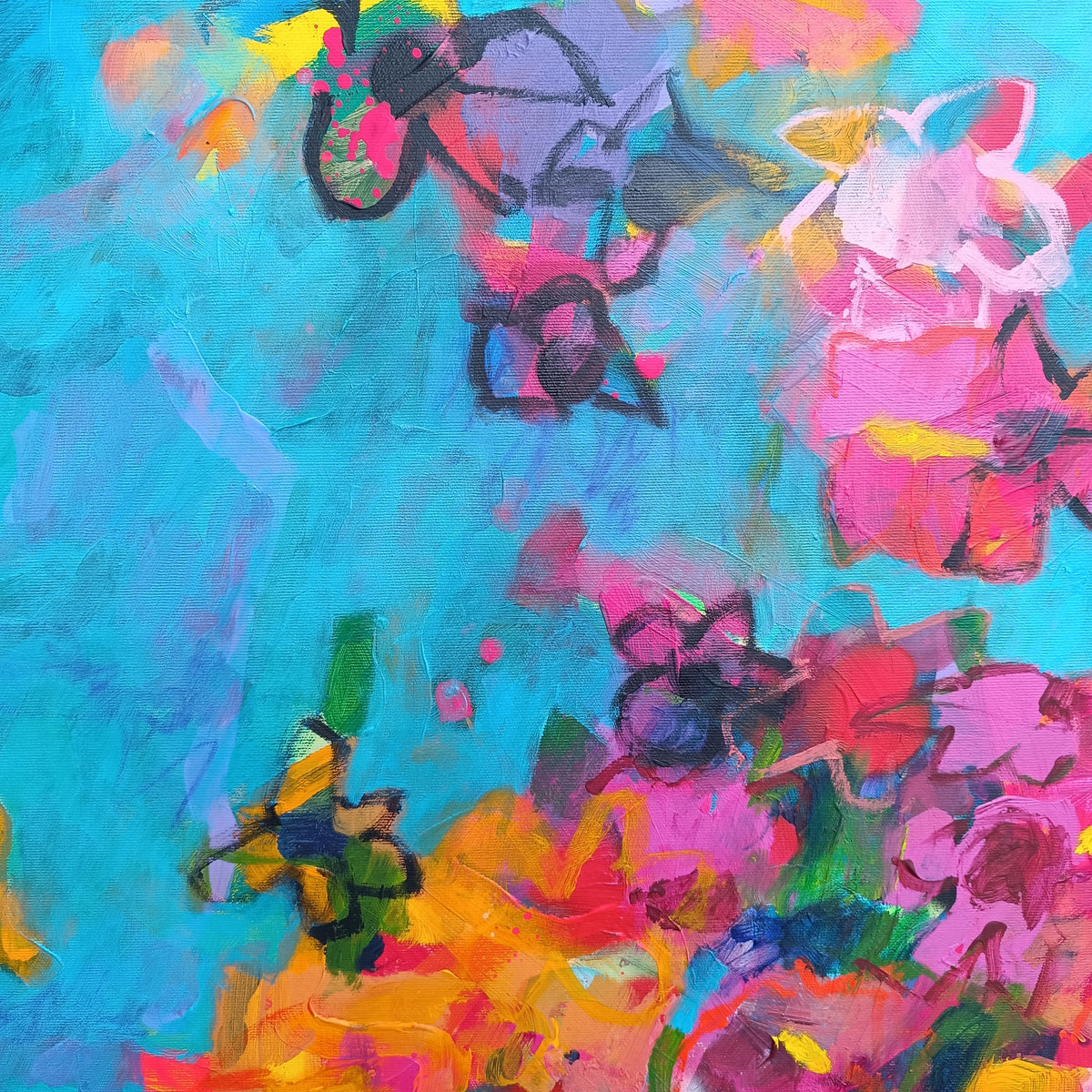 Textured surface detail of abstract botanical painting with thick paint application