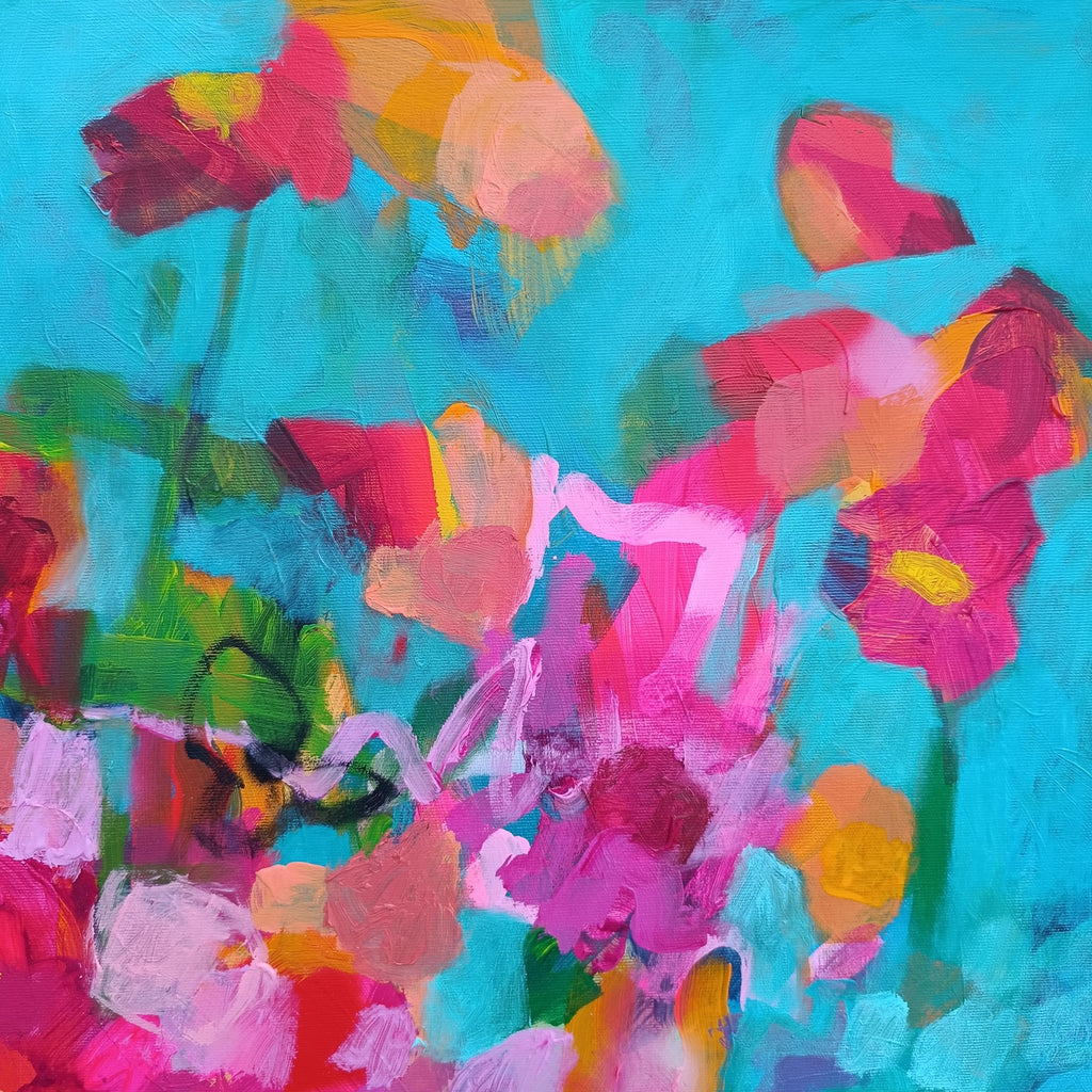 Textured detail of abstract flower painting with impasto technique and rich pigments
