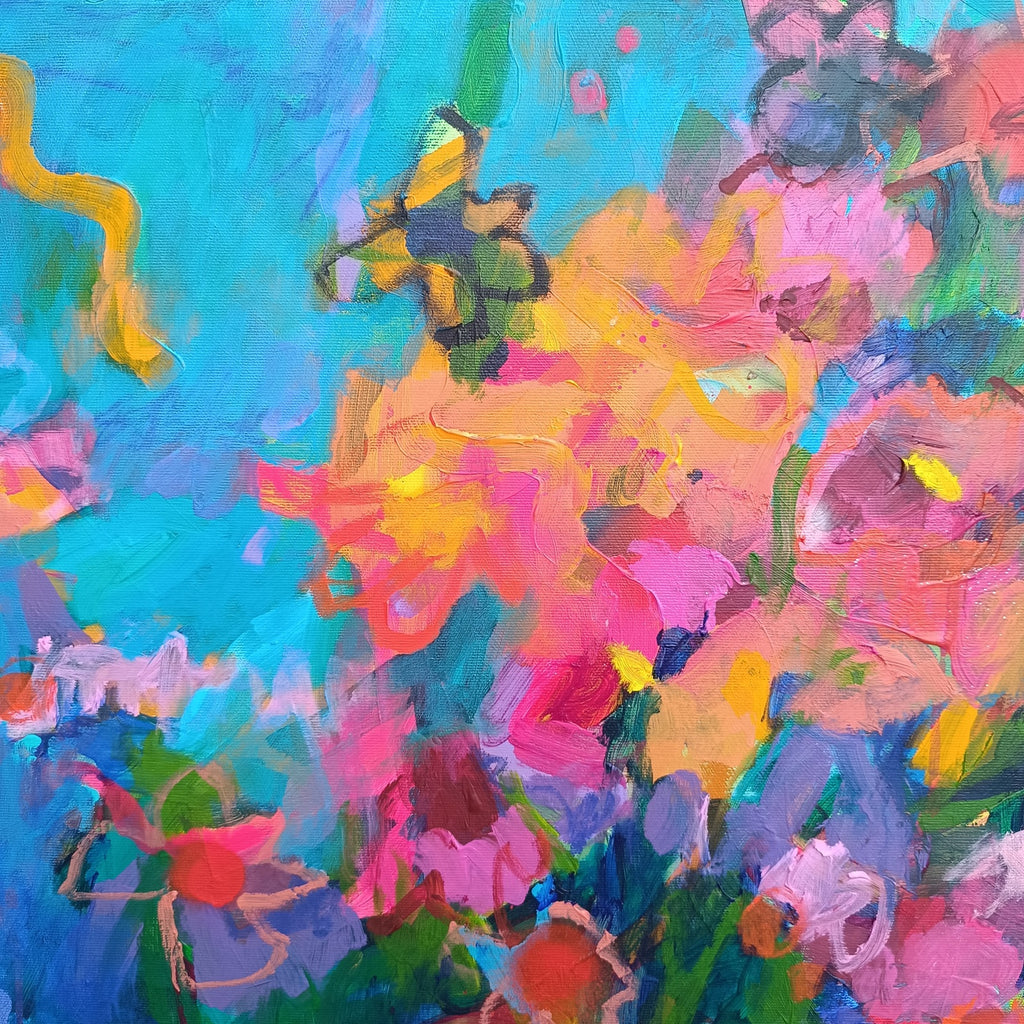 Close-up detail of abstract floral painting showing layered brushstrokes and vibrant colors