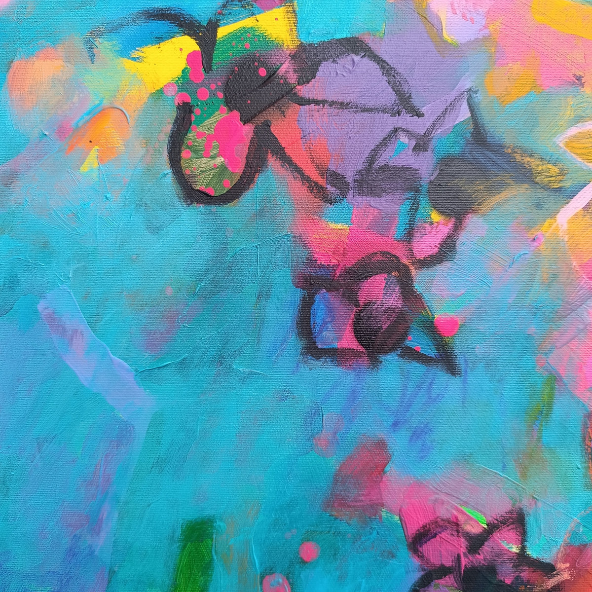 Macro detail of floral abstract painting with expressive brushwork and color depth
