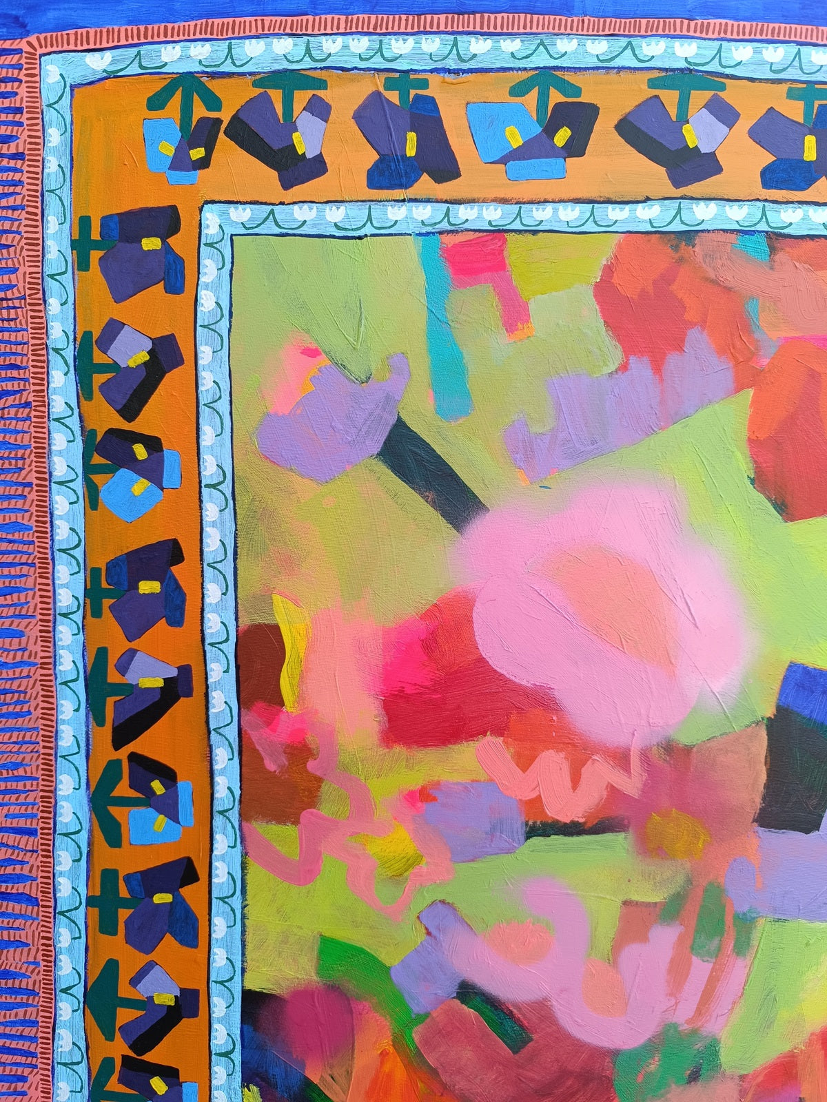 Detailed view of tassel-like border on modern floral canvas painting in ultramarine tones