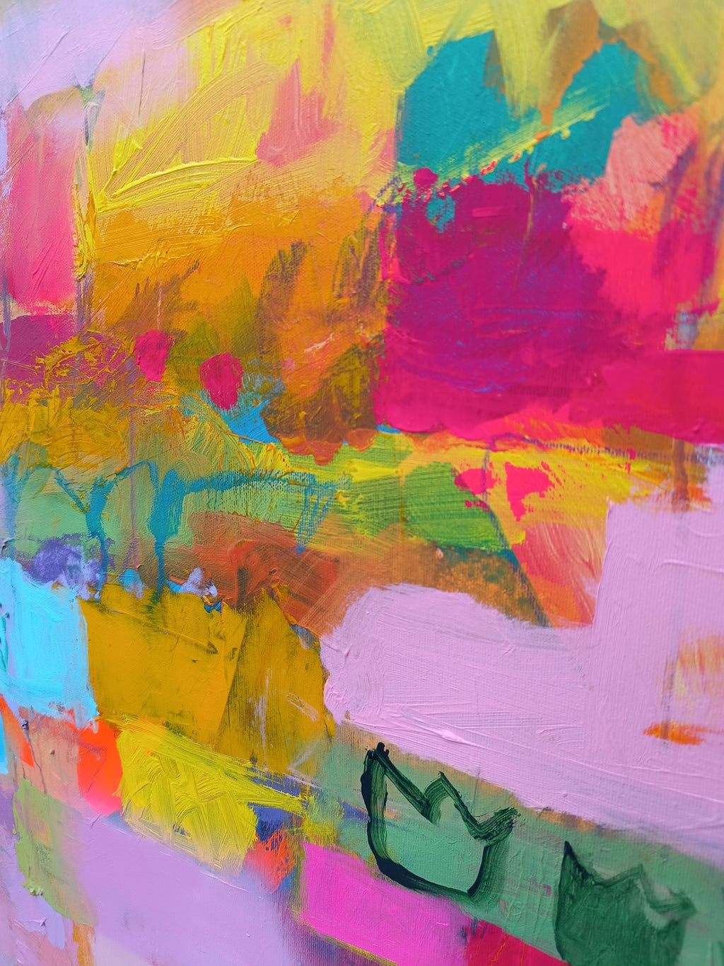 Abstract painting detail with soft pink cloud shape and blended color transitions