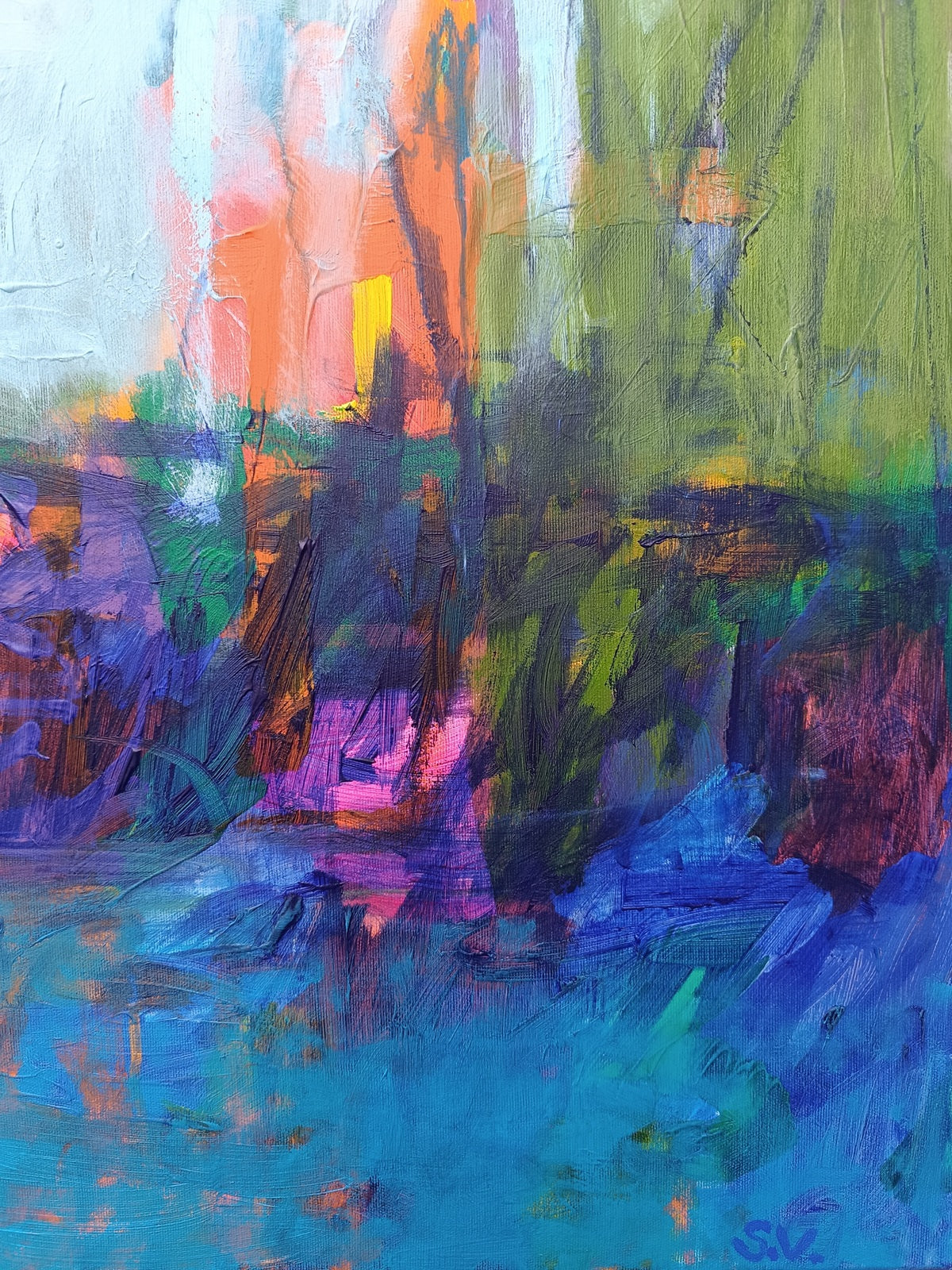 Suggestion of water and horizon line in minimalist abstract landscape painting