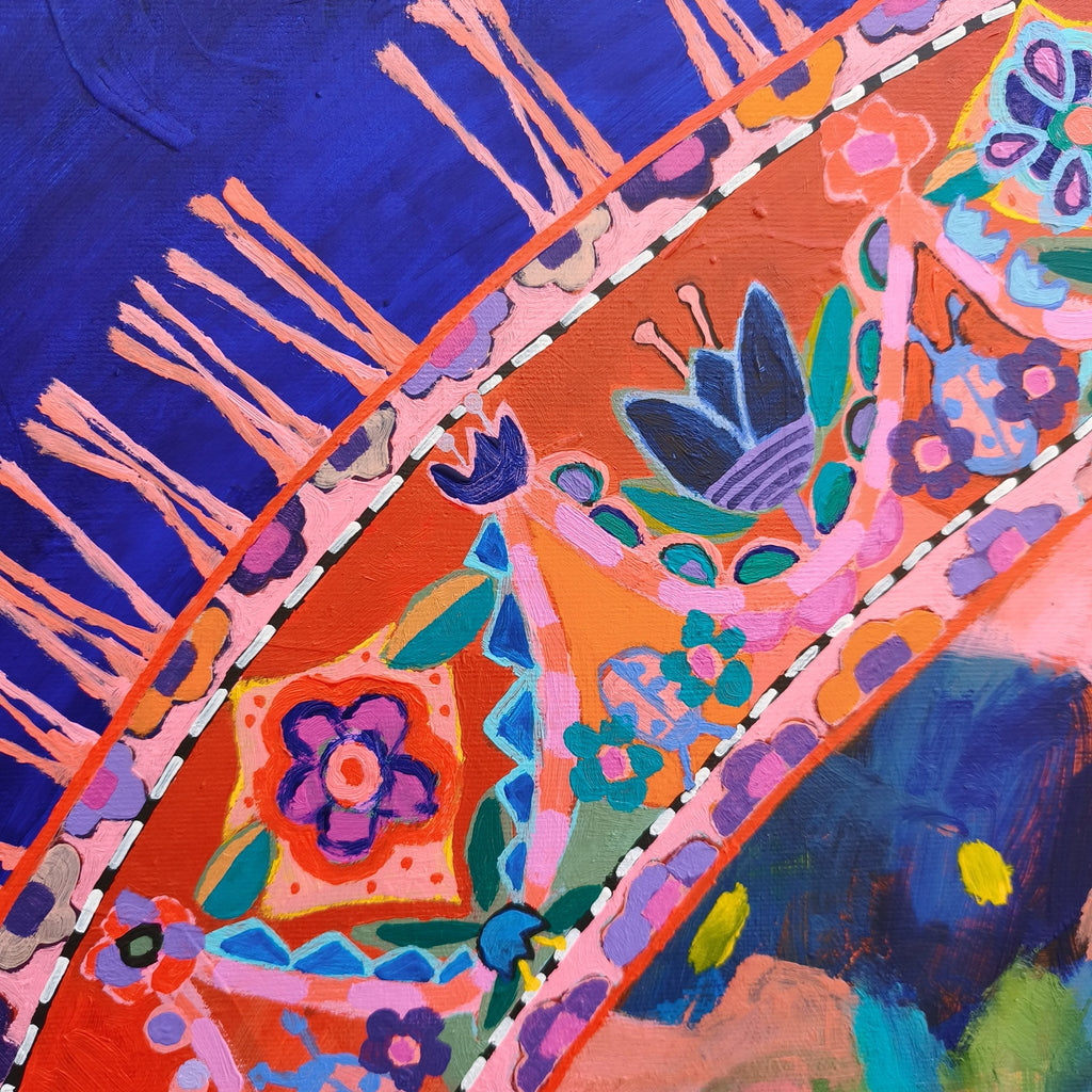 Close-up of textured abstract painting with layered brushstrokes and floral forms, impasto detail