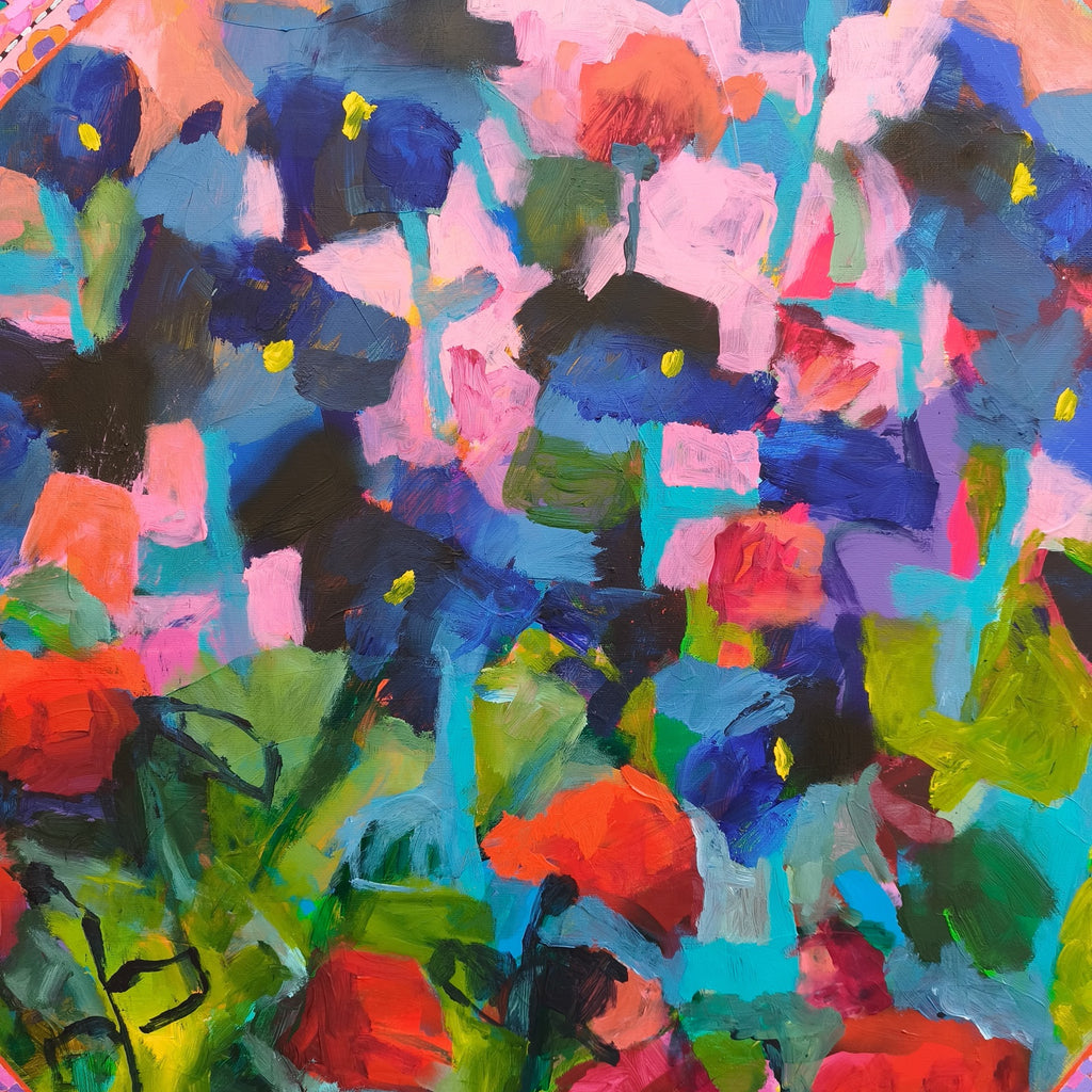 Hand-painted abstract artwork detail, acrylic on canvas with visible texture and layered paint