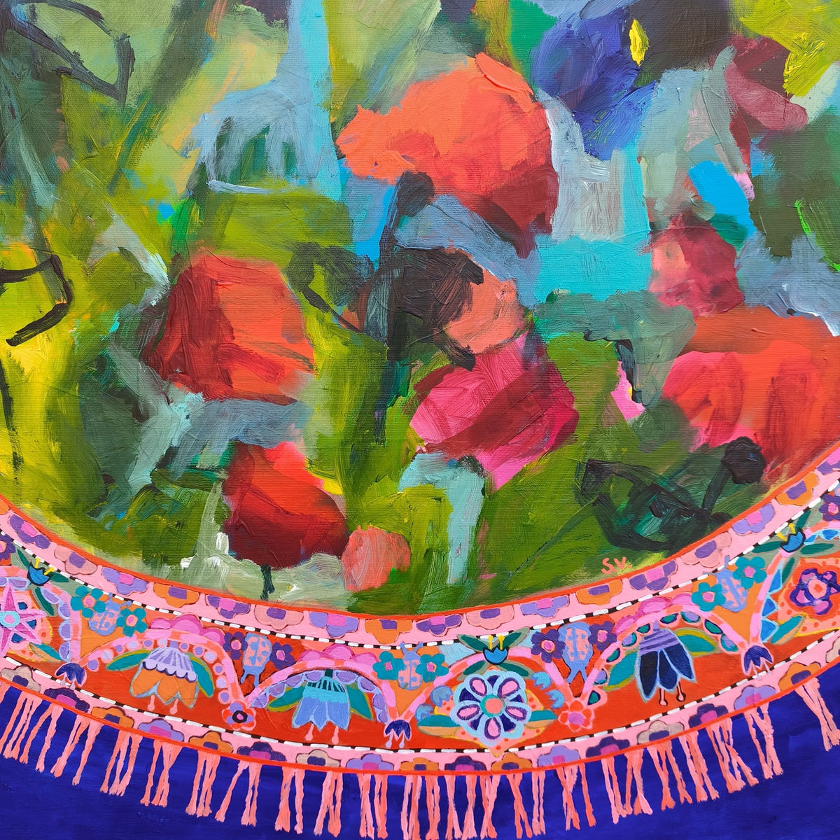 Modern abstract floral painting detail showing rich texture and expressive color layers
