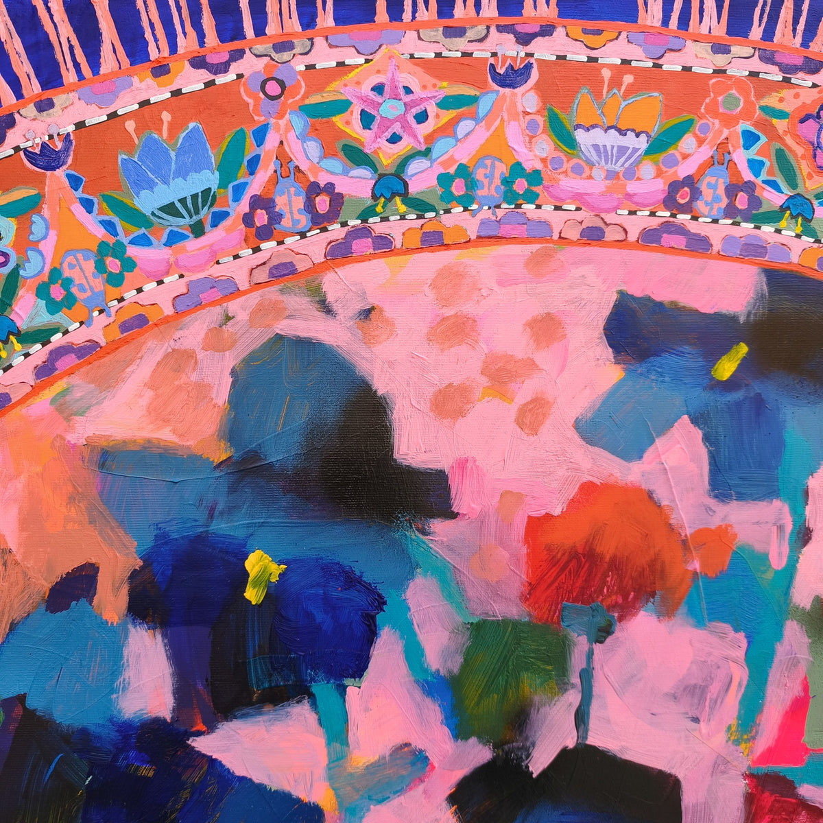 Detail of abstract floral composition with layered colors and organic shapes, modern flower painting