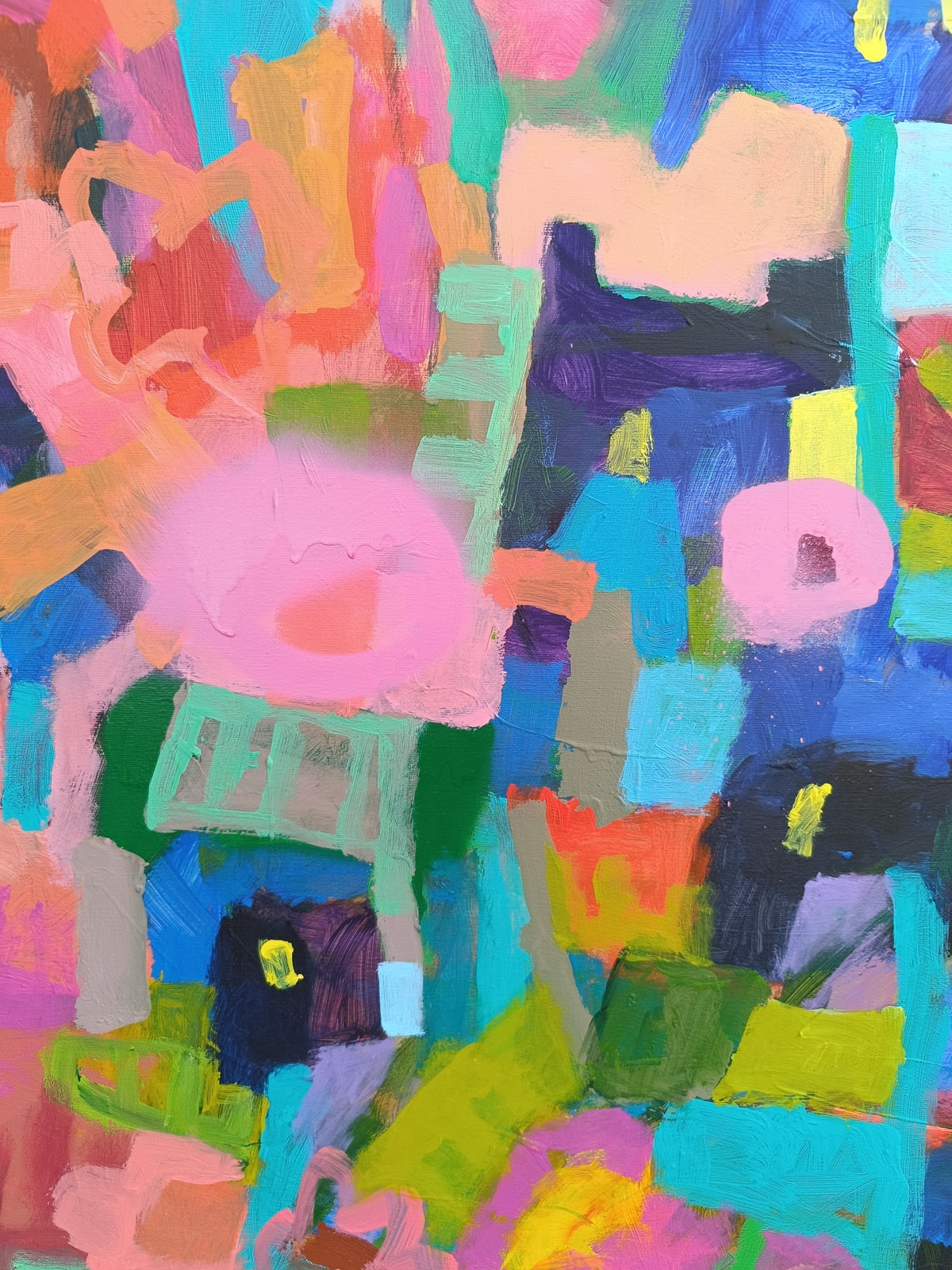Rich texture and layered acrylic paint detail in oversized abstract floral artwork