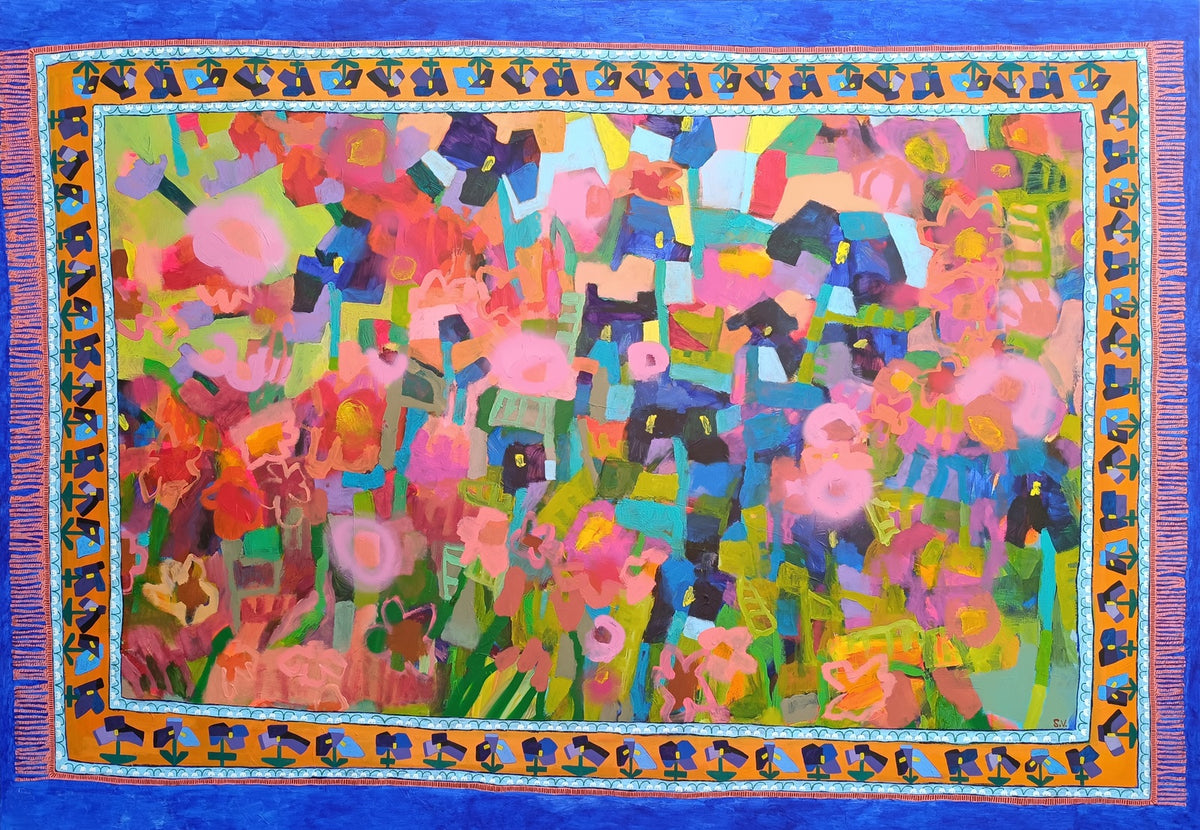 Contemporary floral painting detail with bold colors and tactile surface on canvas