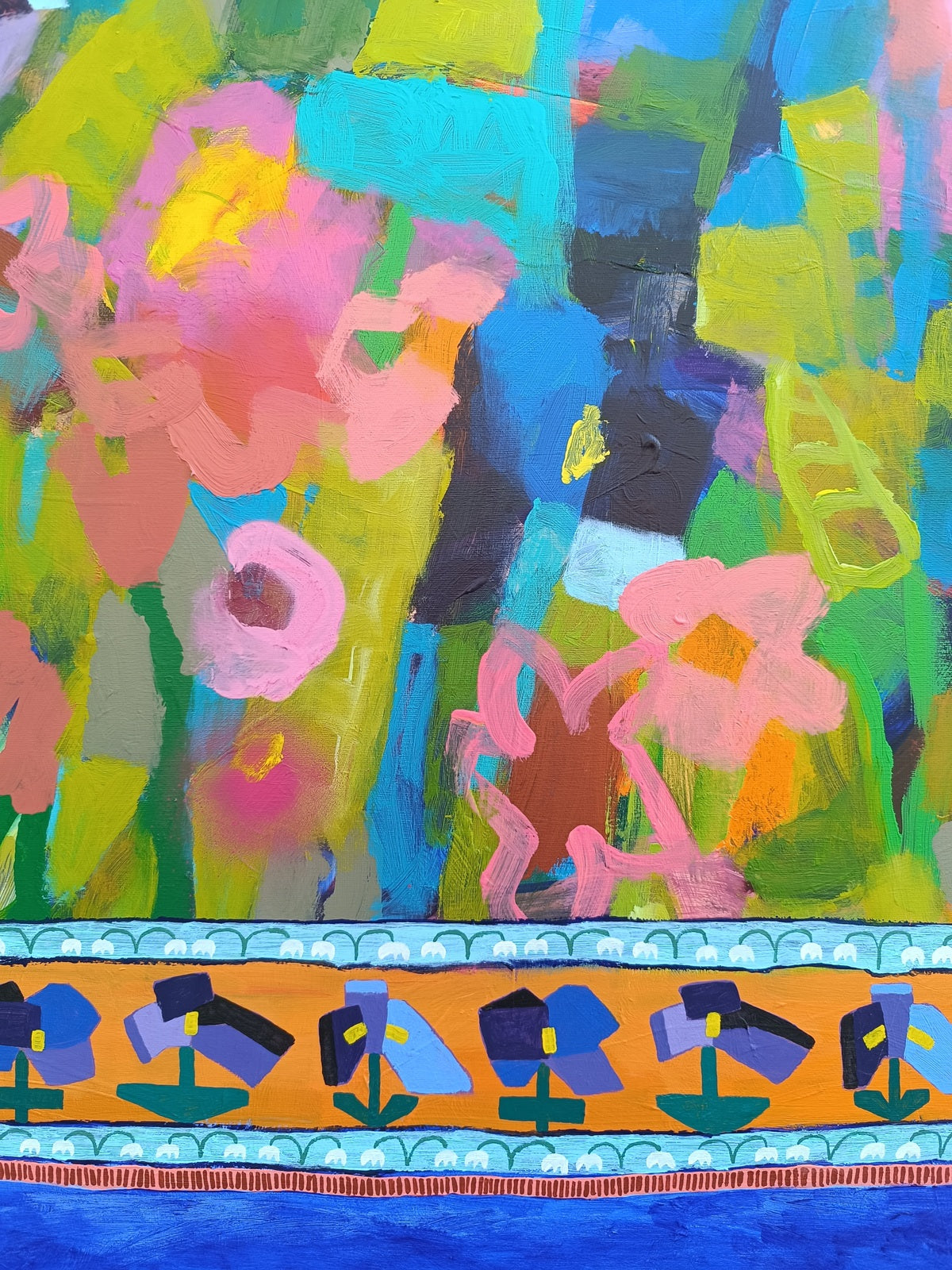 Ultramarine fringe detail of large abstract floral painting with textured canvas and decorative border