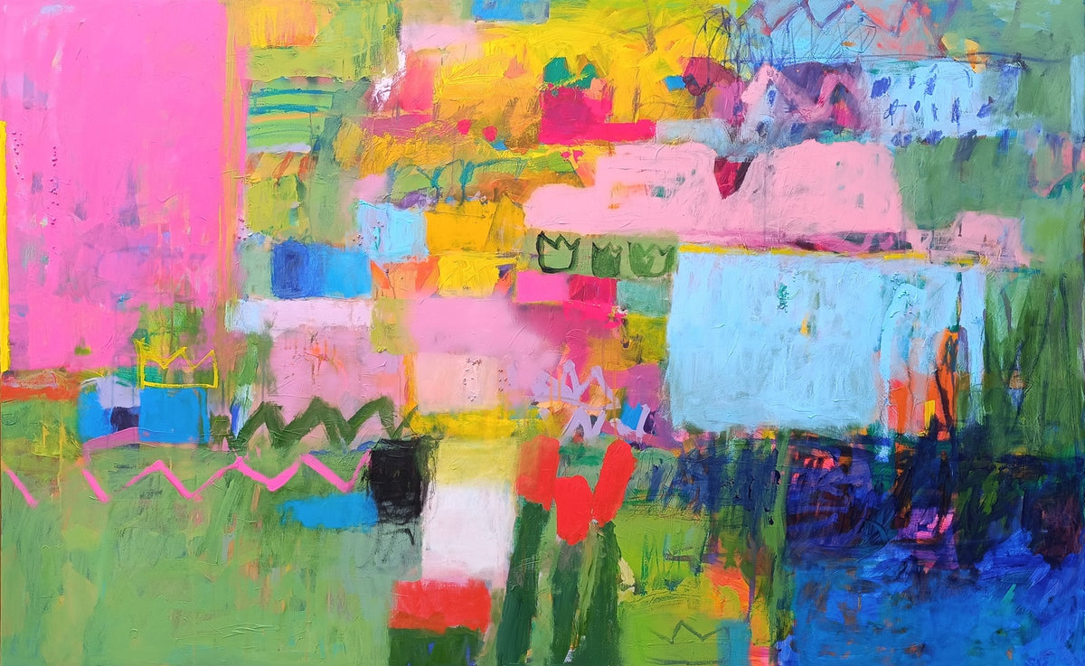 Large colorful abstract landscape painting with textured surface and soft horizon suggestion