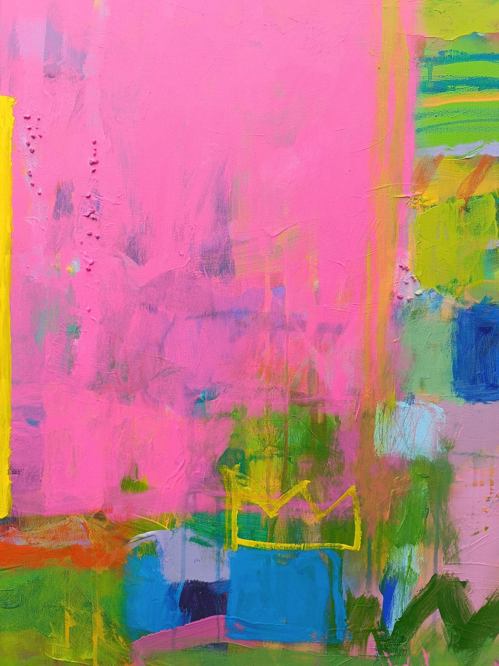 Abstract painting detail with soft pink cloud shape and blended color transitions