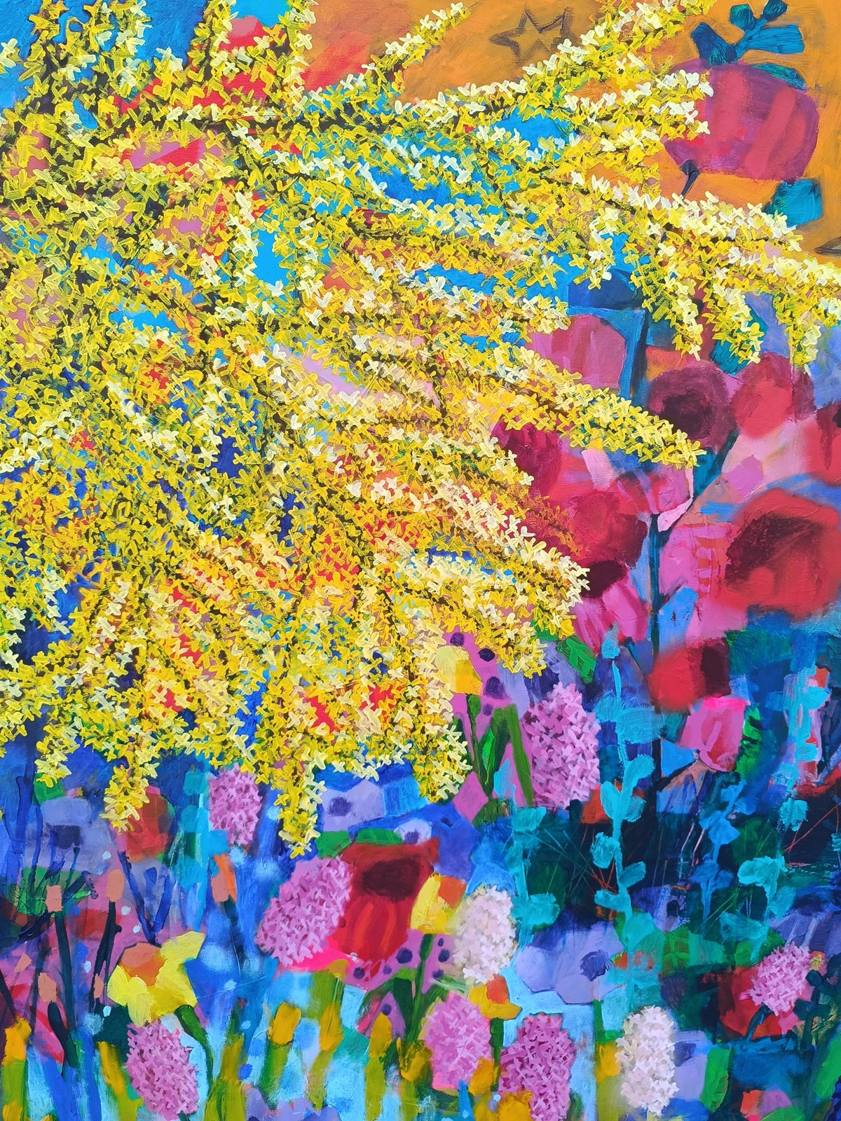 close-up of yellow flowering branches and layered floral elements in modern abstract wall art