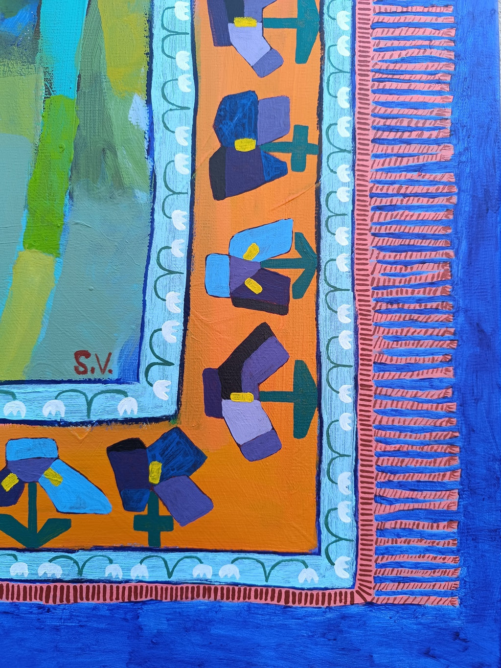 Abstract floral meadow detail with pink blooms and blue irises on large statement canvas