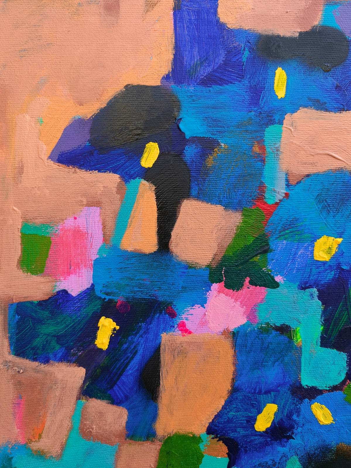 Small abstract floral painting detail with ultramarine iris flowers, pink blooms and warm orange sky