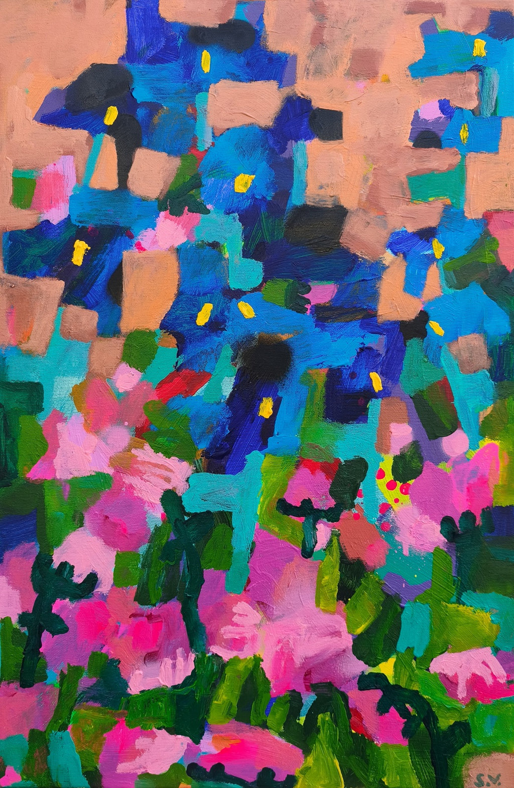 Small abstract floral painting Ultramarine Bloom, 40x60 cm with orange sky, blue iris flowers and pink blooms