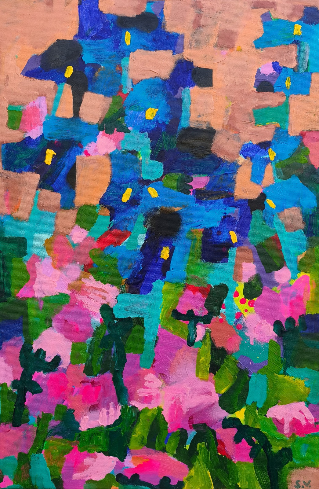 Small abstract floral painting Ultramarine Bloom, 40x60 cm with orange sky, blue iris flowers and pink blooms