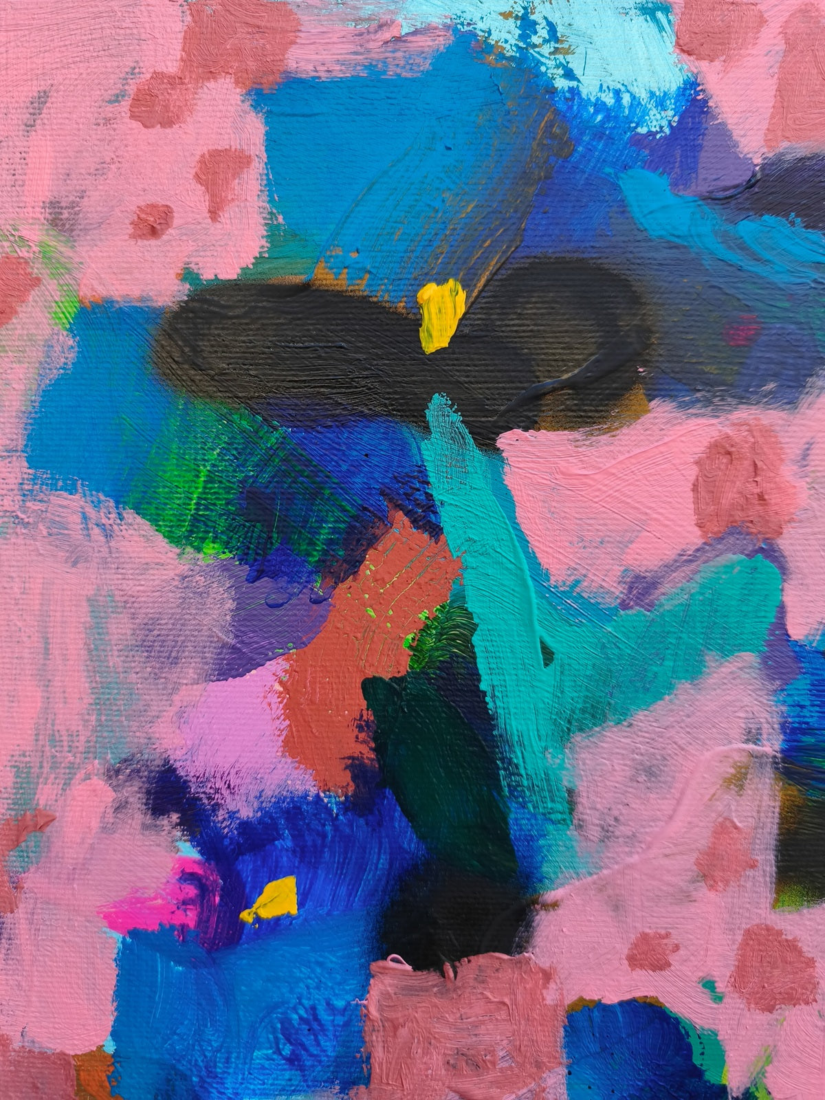 Small abstract floral painting detail with ultramarine iris flowers and soft pink sky, textured acrylic on canvas