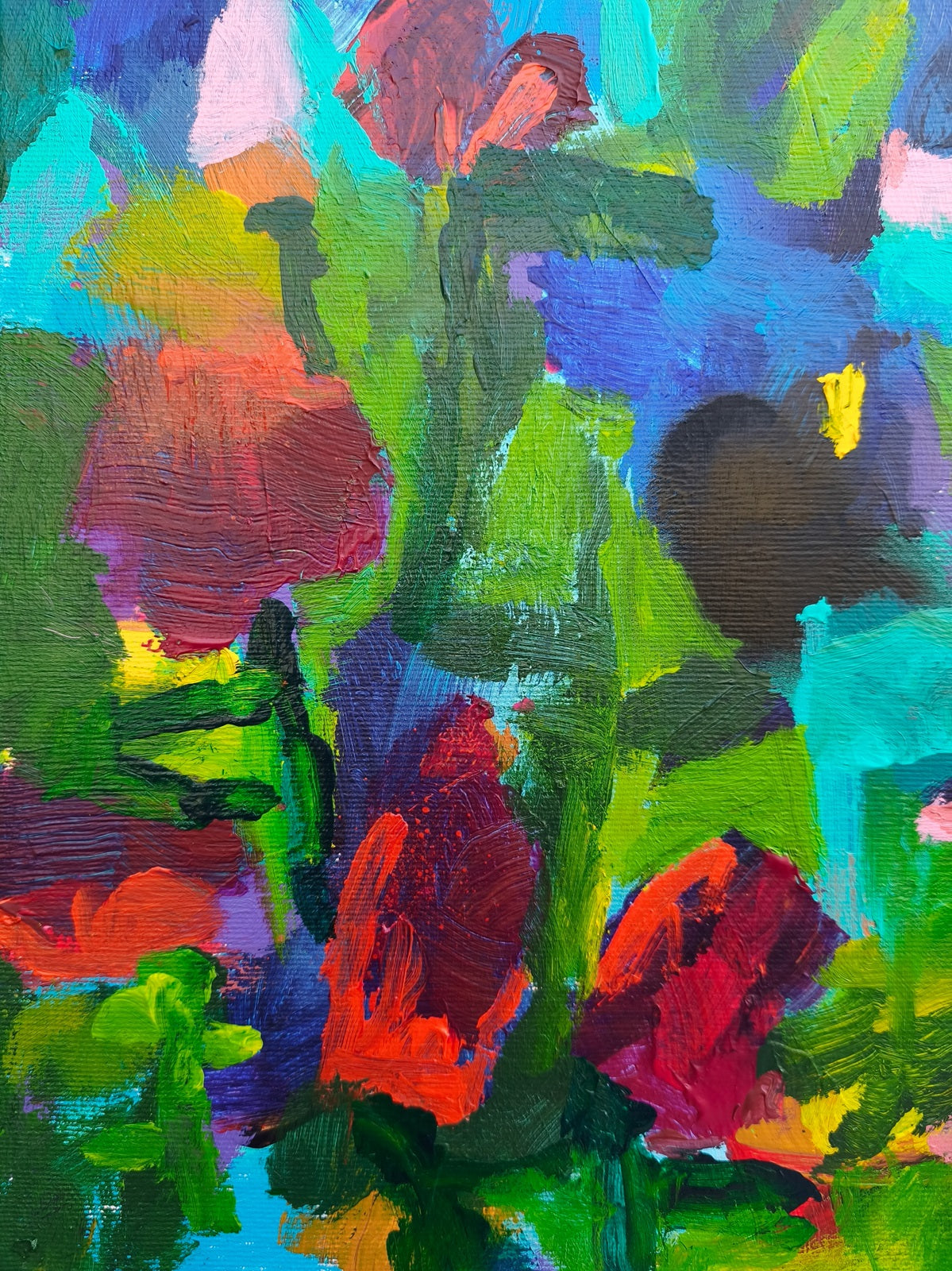 Textured detail of small abstract painting with layered acrylic paint and organic floral shapes