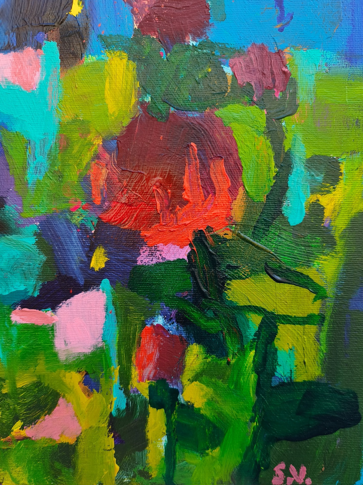 Abstract iris flower detail in ultramarine blue with soft pink background, modern floral artwork