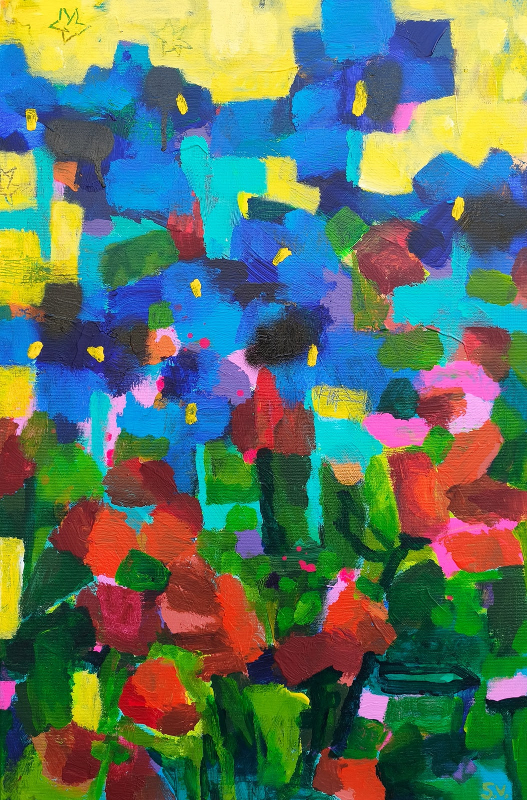 Abstract iris flower detail in ultramarine blue with layered paint and warm yellow sky
