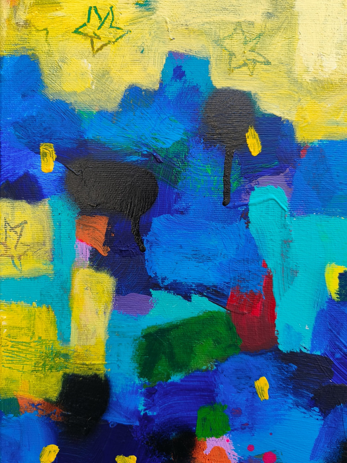 Close-up of small canvas art showing rich texture, red floral accents and subtle star shapes