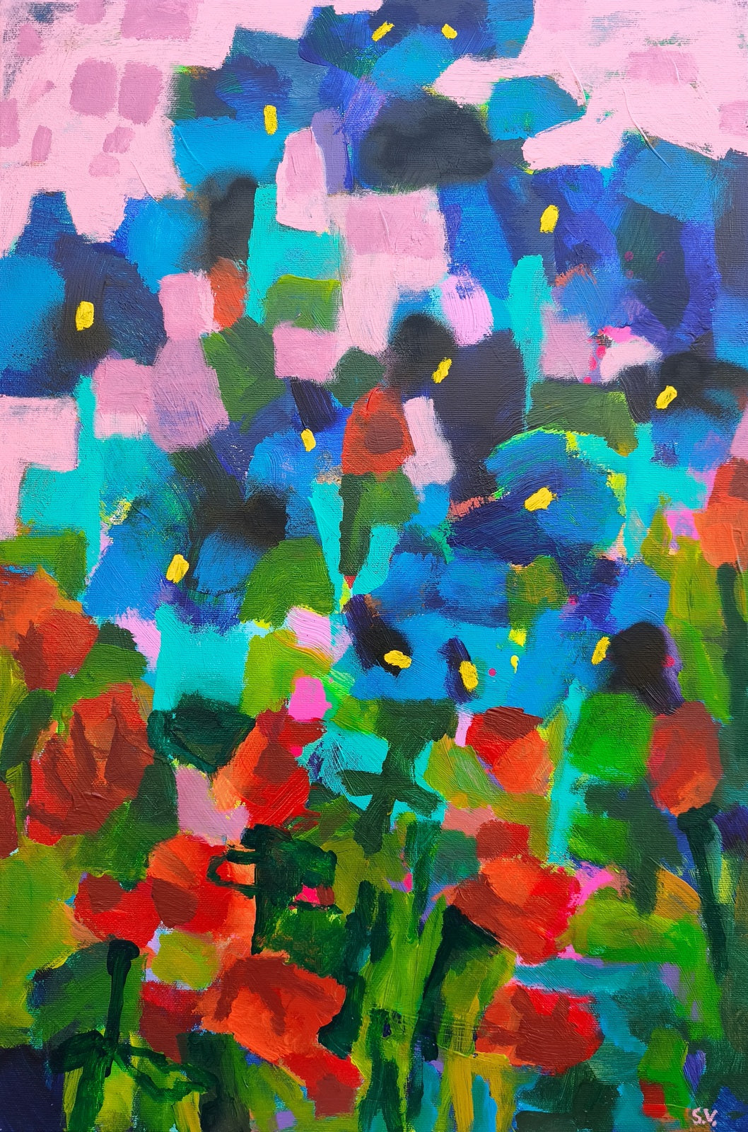 Small abstract floral painting Ultramarine Petals displayed in artist studio with natural light