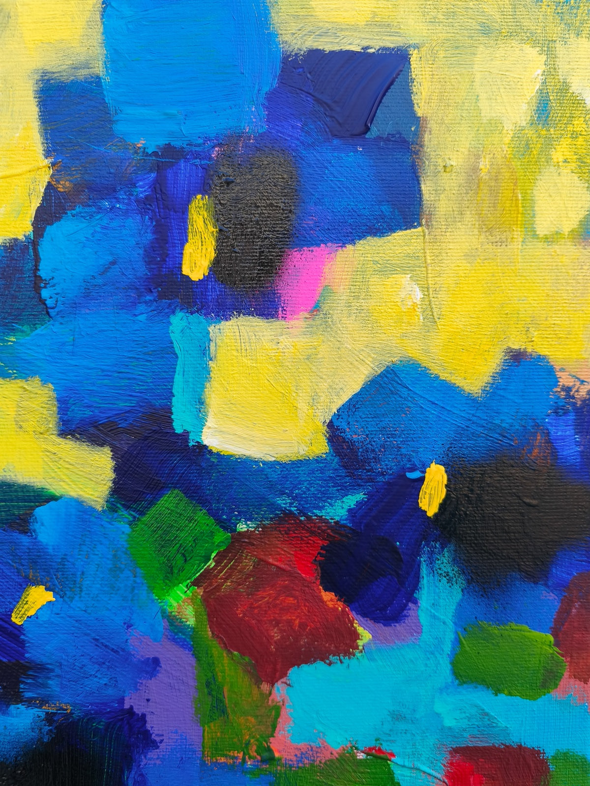 Modern small canvas wall art with abstract floral composition, yellow sky with stars and ultramarine blue flowers