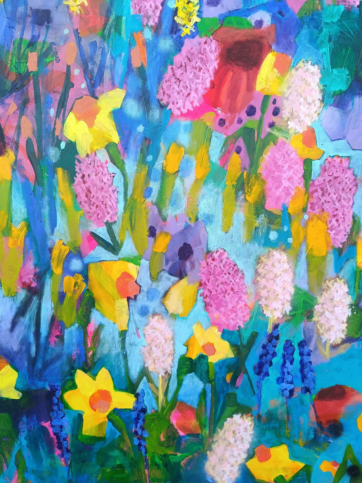 Detailed view of vibrant yellow flowers in textured abstract painting with expressive brushwork