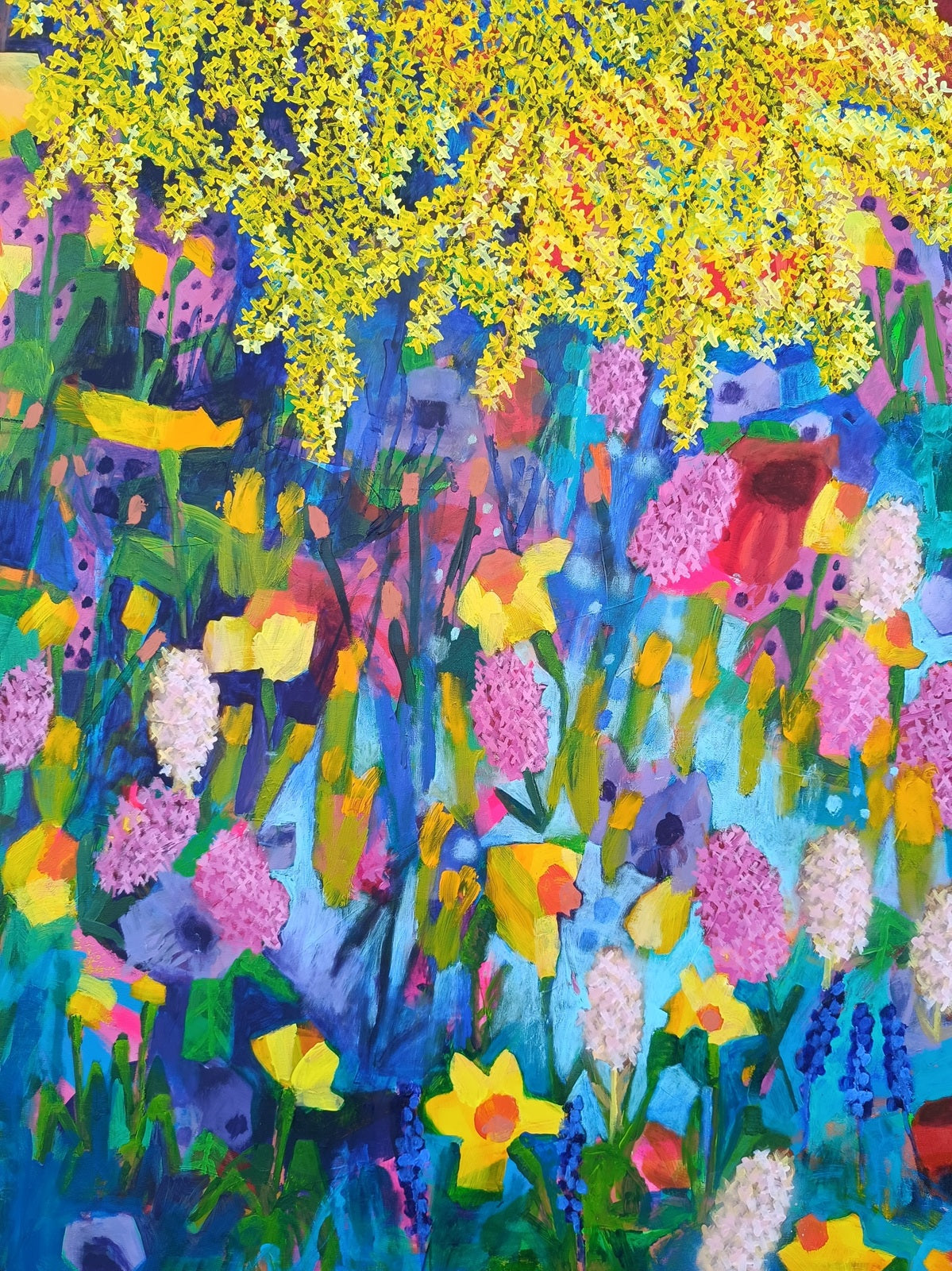 Abstract spring garden detail with yellow blossoms and rich layered paint texture